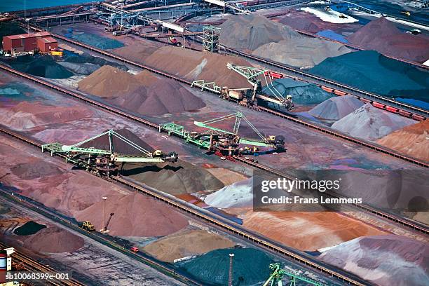 coal storage at harbour, aerial view - rotterdam aerial stock pictures, royalty-free photos & images