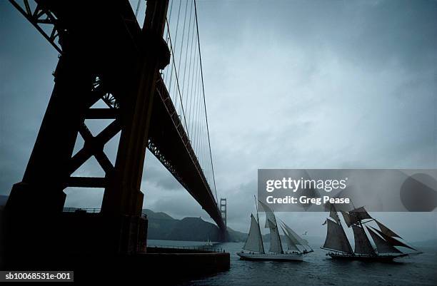 usa, maryland, chesapeake bay, schooner race passing under golden gate bridge - bucht-von-san-francisco stock-fotos und bilder