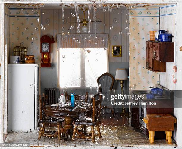 flooded house and ceiling leaking water into kitchen - flooded home stock pictures, royalty-free photos & images