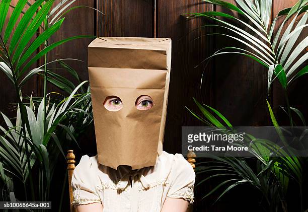 woman with paper bag on head (digital composite) - shy stock pictures, royalty-free photos & images