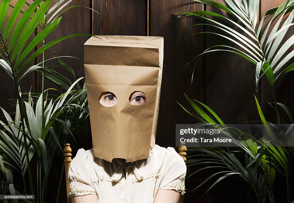 Woman with paper bag on head (Digital Composite)