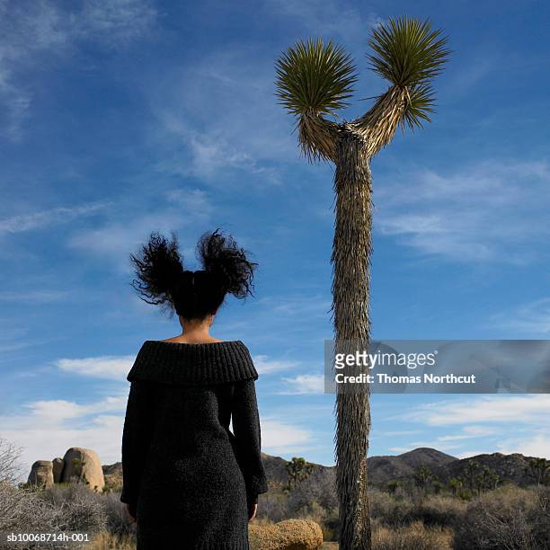 USA, California, Idyllwild, Woman standing in desert landscape by joshua tree, rear view