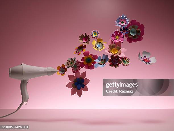 hairdryer drying artificial flower, close-up - hair dryer fotografías e imágenes de stock