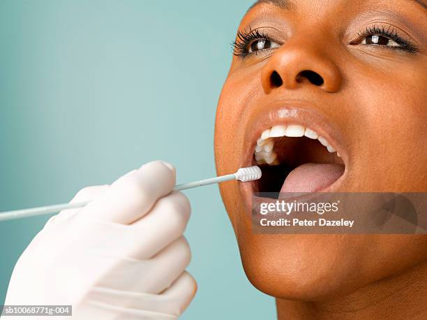 person putting dna test swab into woman's mouth, close up, studio shot - botão-de-algodoeiro - fotografias e filmes do acervo