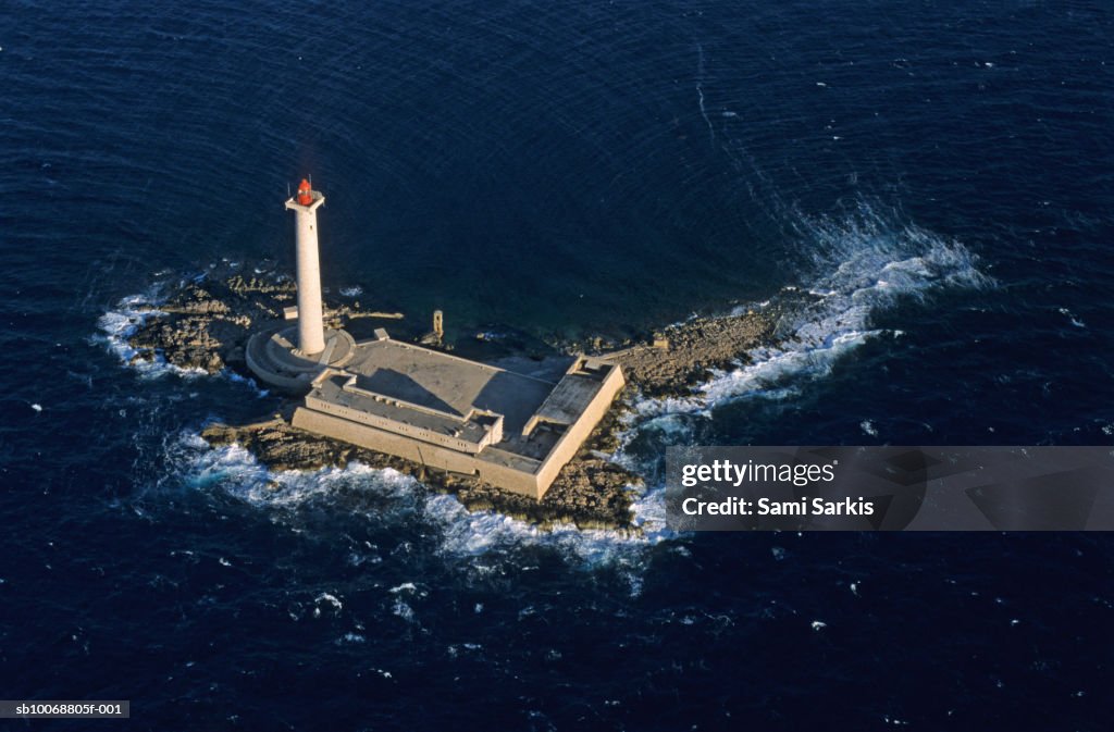 France, Marseille, Planier Island, lighthouse on island, aerial view