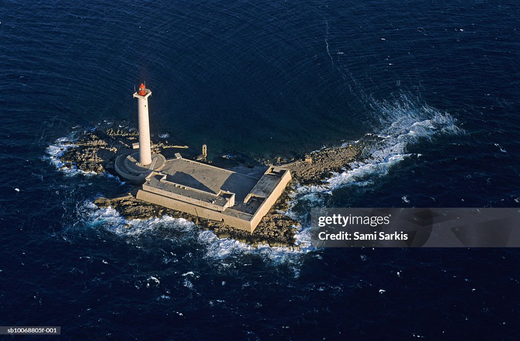 France, Marseille, Planier Island, lighthouse on island, aerial view