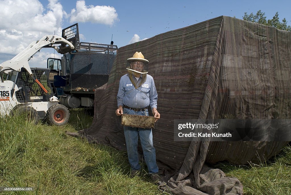 Beekeeper collecting honey from hive