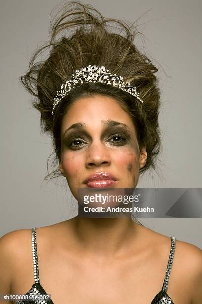 young woman wearing tiara crying, close-up, portrait - pageant crown stock-fotos und bilder