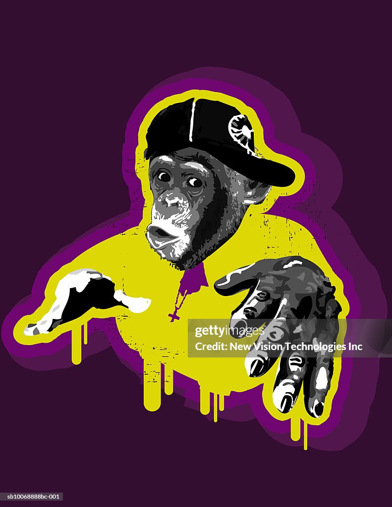 Monkey wearing baseball cap and gesturing