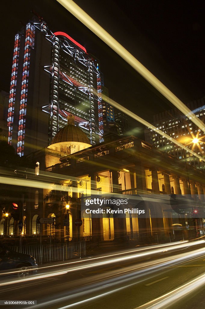 China, Hong Kong, blurred traffic lights at night