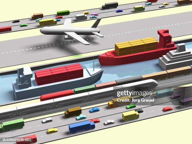 computer generated image of various modes of transport - toy truck stock illustrations