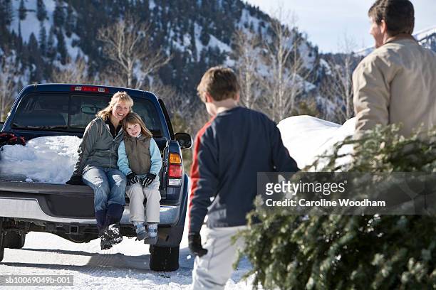 mother and daughter (8-9) sitting on pick-up, father and son (10-11) carrying christmas tree - christmas truck stock pictures, royalty-free photos & images