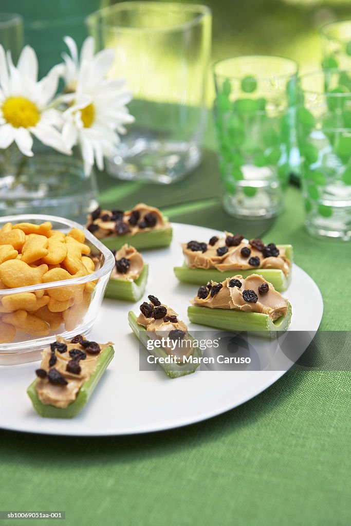 Celery with peanut butter and  raisins with snacks