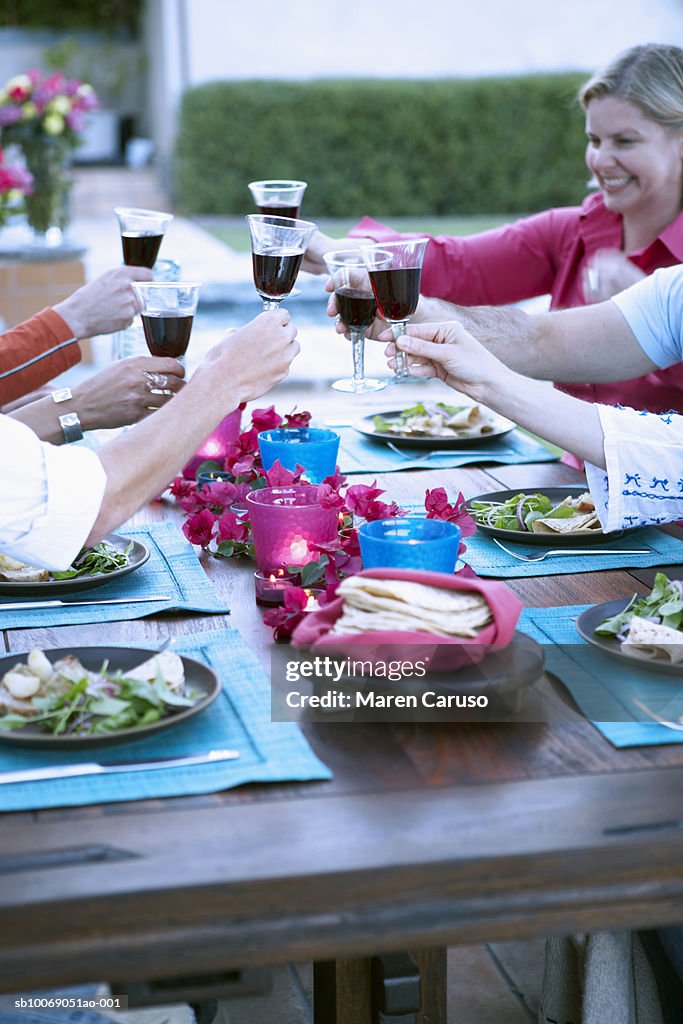 People toasting with wine at dinner party
