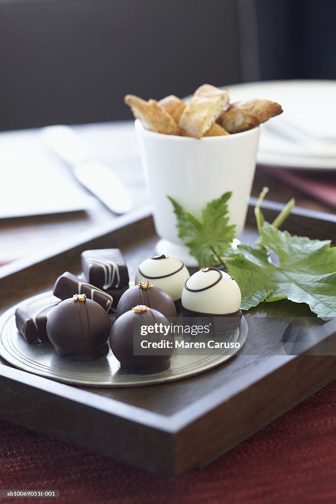 Chocolate truffles in tray, close-up