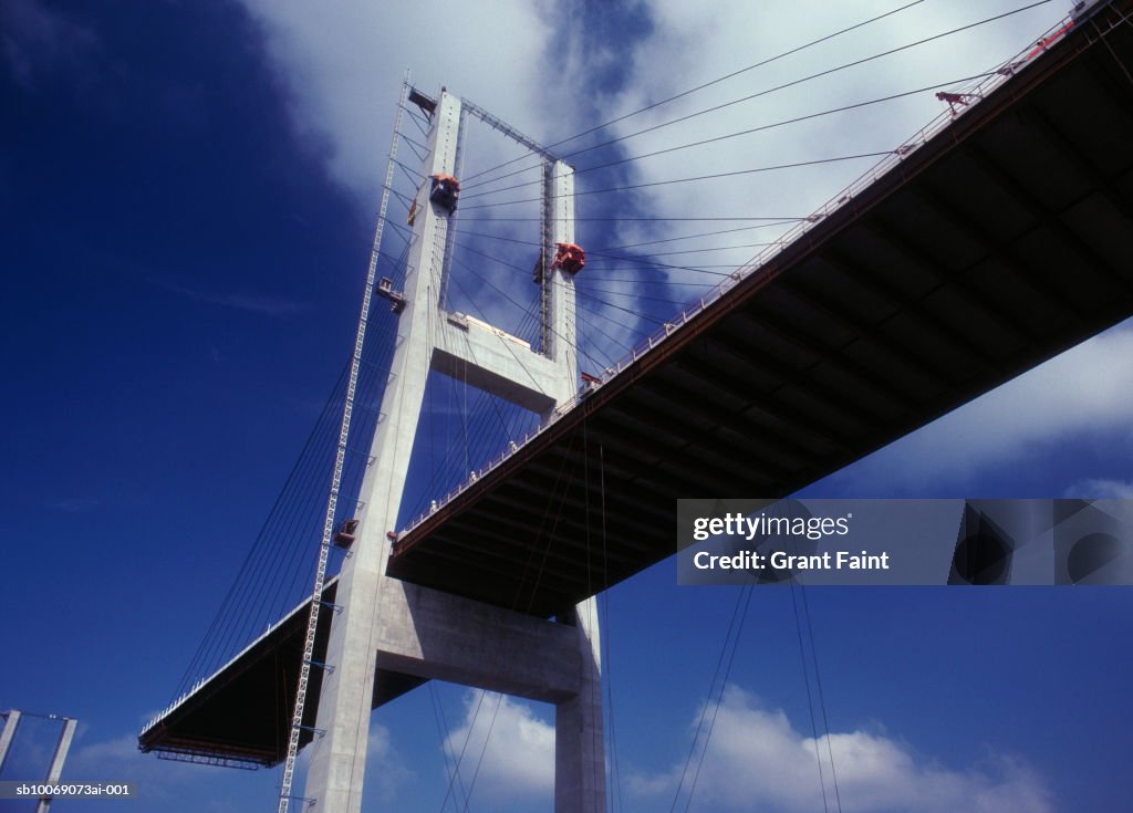 Canada, Vancouver, Cable Stay Bridge under construction, low angle view
