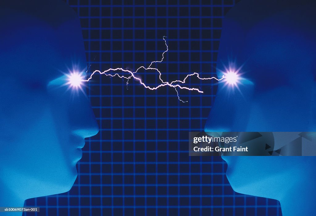 Two head sculptures with electric lightning between eyes