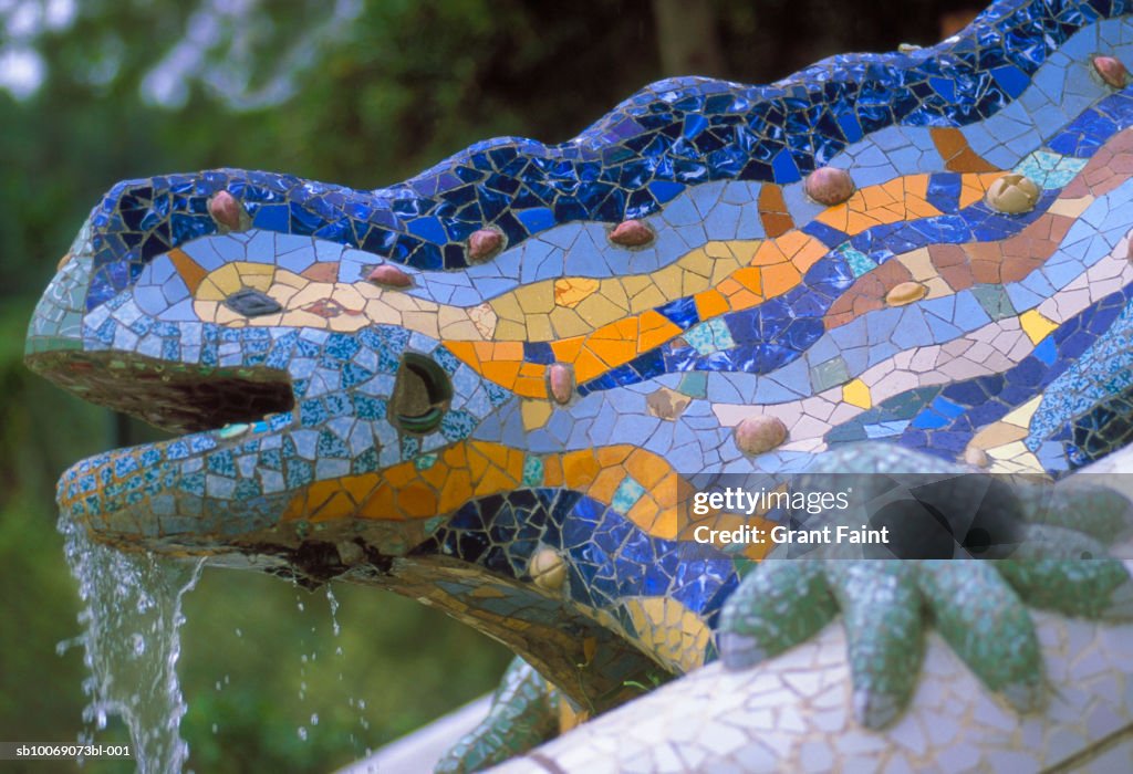 Spain, Barcelona, mosaic Fountain lizard at Guell park