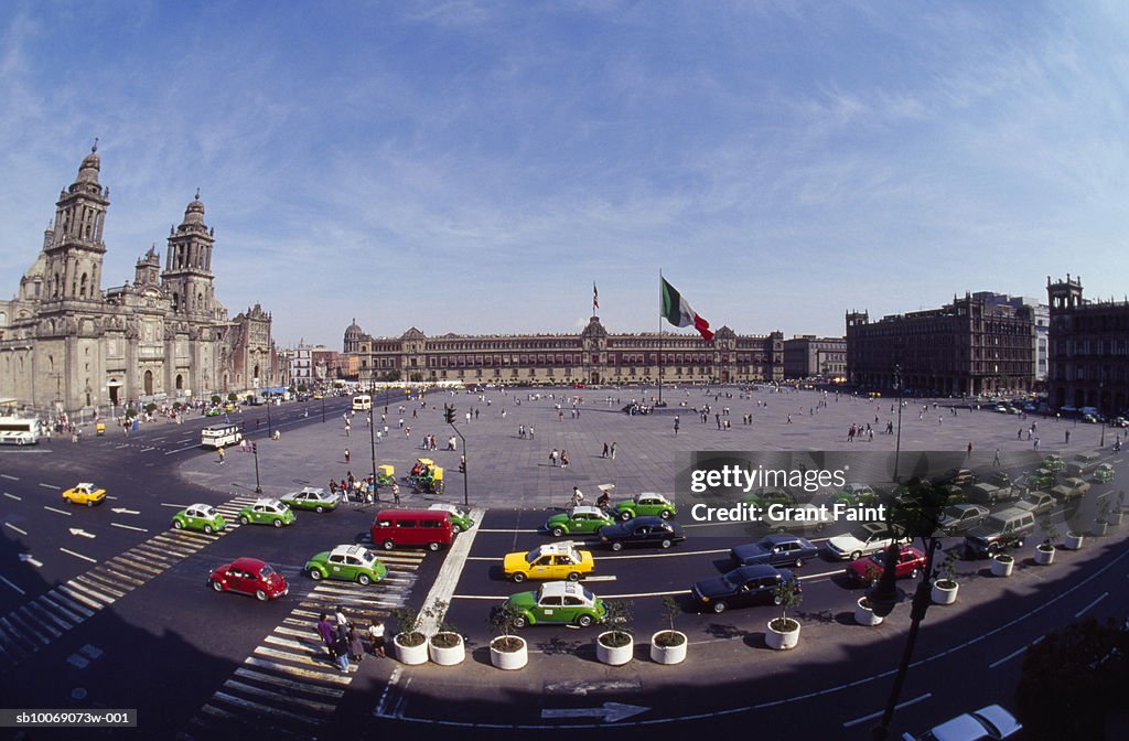 Mexico, Mexico City, traffic on el Zocalo city square, elevated view, fish eye view