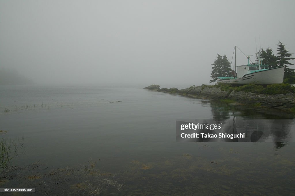 Canada, Nova Scotia, Lunenburg, View of bay covered with mist