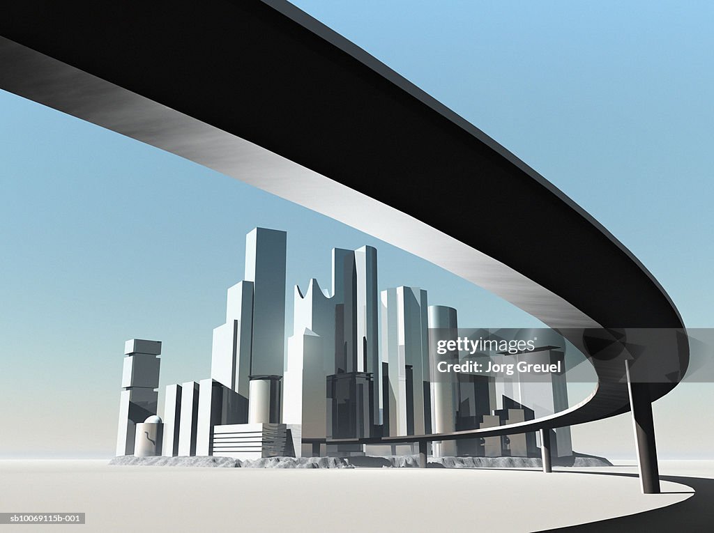 Highway overpass and skyscrapers (digitally generated)