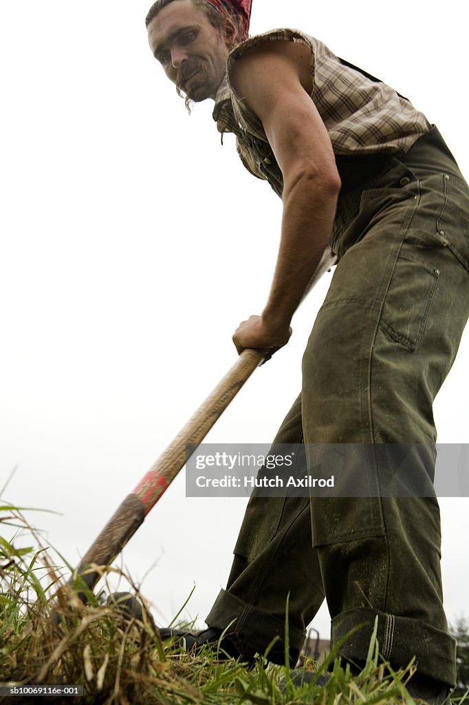 Young man working in field, low angle view