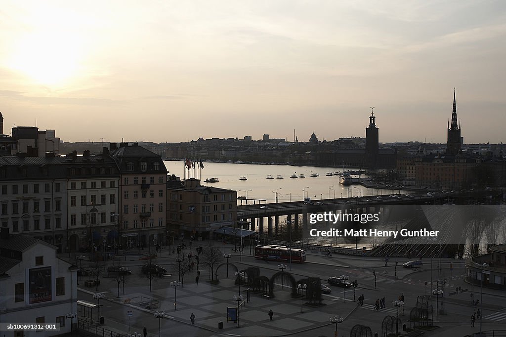 Sweden, Stockholm, Bridges and Lake Malaren at dusk