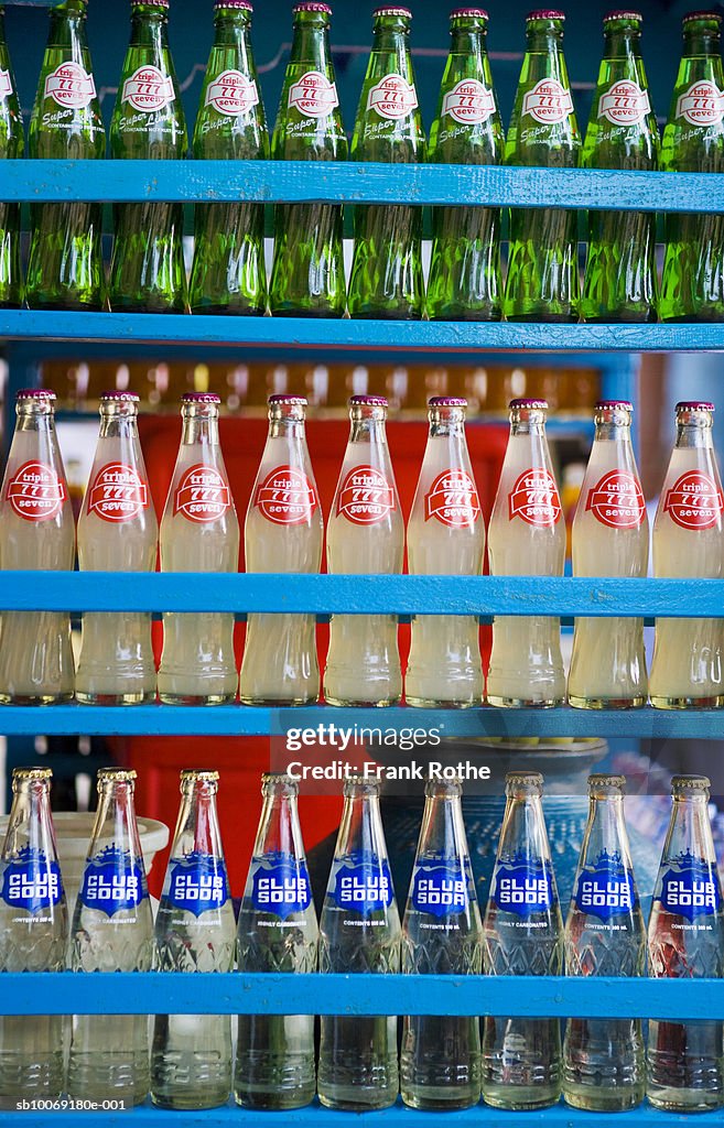 Soda bottles in rack, full frame