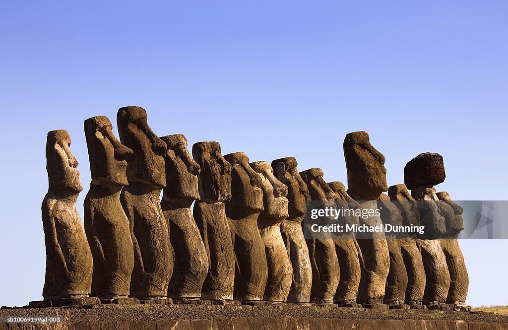 Easter Island, Ahu Tongafiki, row of ancient Moai statues