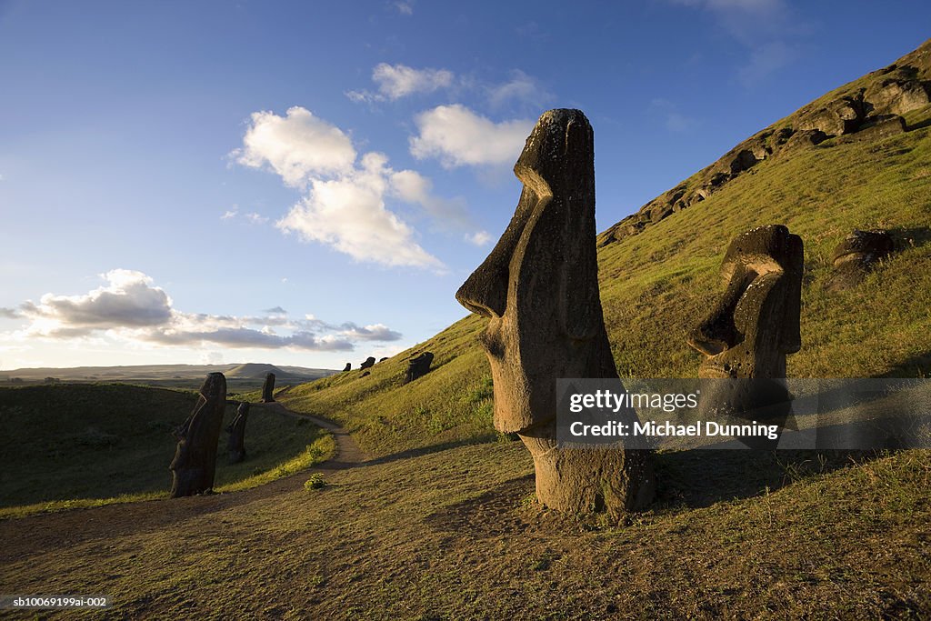 Easter Island, Rano Raraka, ancient Moai statues on hillside