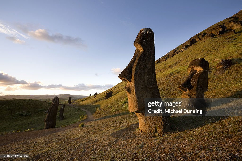 Easter Island, Rano Raraka, ancient Moai statues on hillside