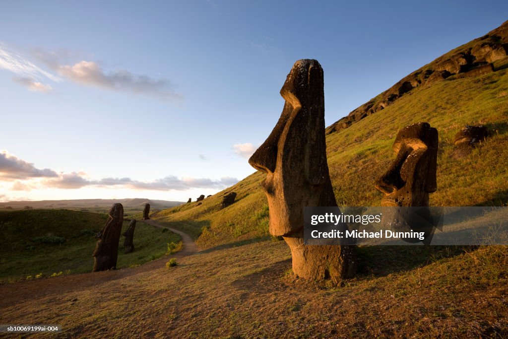 Easter Island, Rano Raraka, ancient Moai statues on hillside