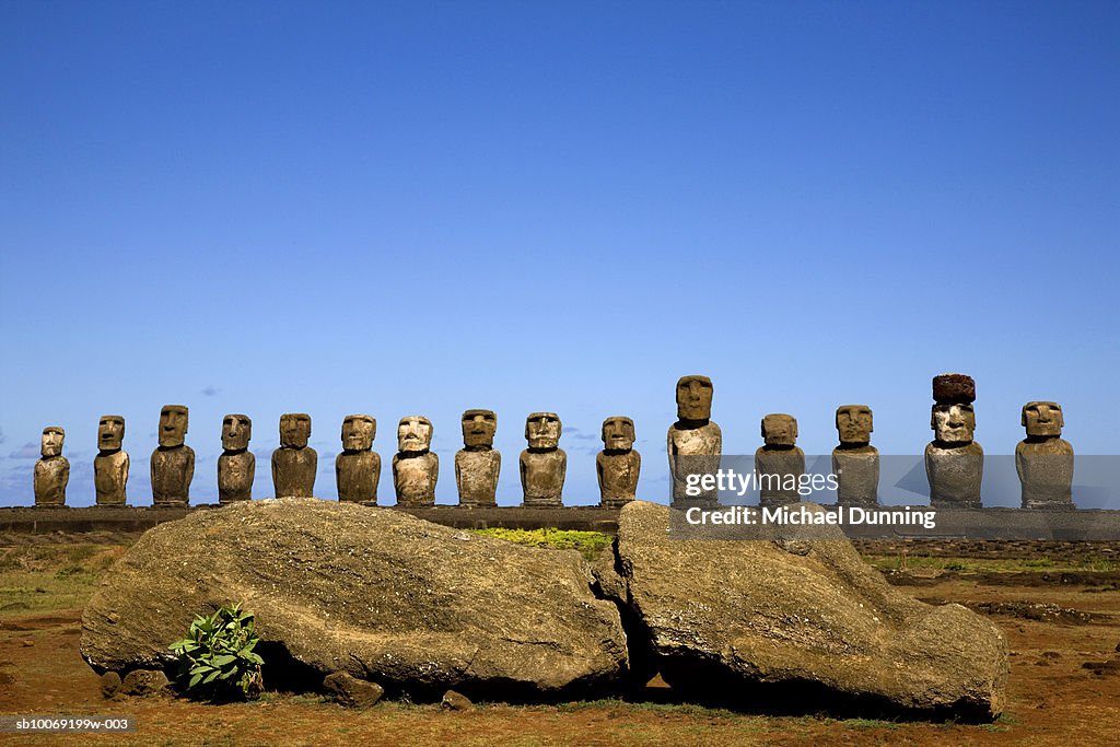 Easter Island, Ahu Tongafiki, row of ancient Moai statues