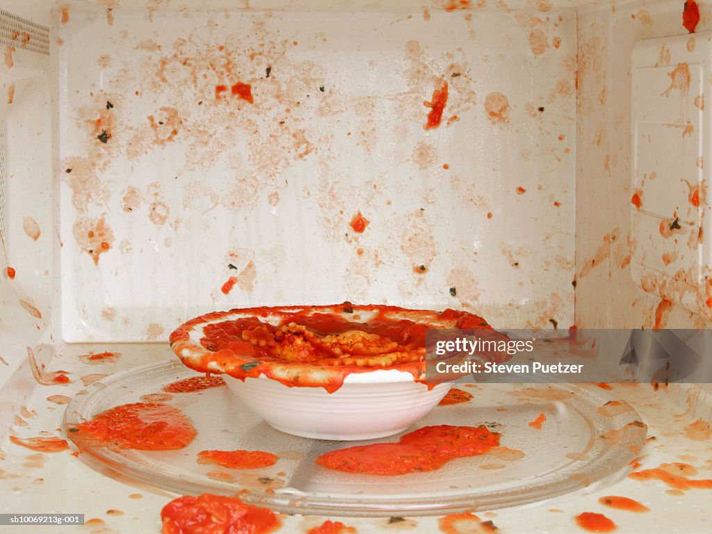 Food splattered in microwave oven, close-up