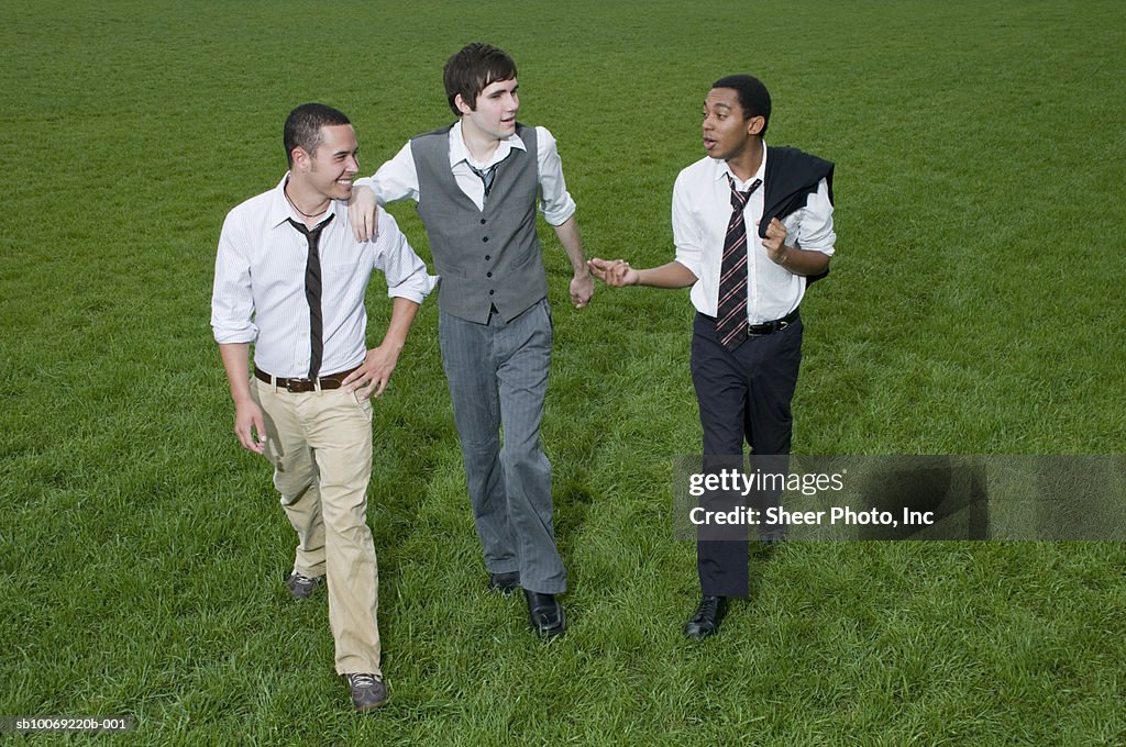 Three businessmen walking across grassy field