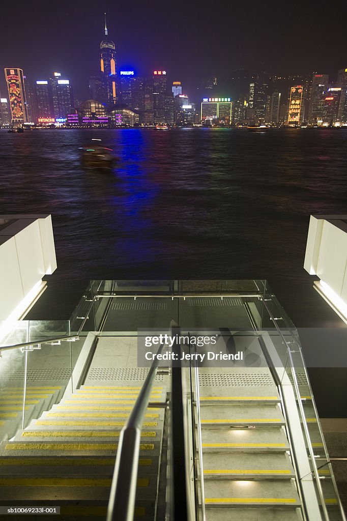 China, Hong Kong, Kowloon, Skyline from escalators of observation deck at night