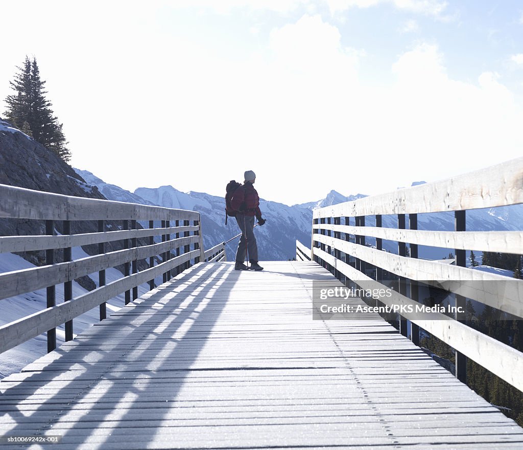 Woman holding ski pole standing on boardwalk, snow capped mountain in background