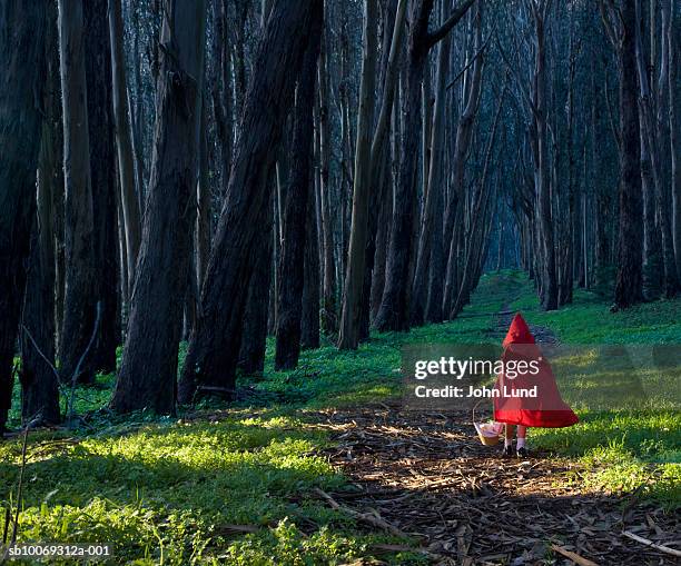 girl (4-5) dressed as little red riding hood in forest, rear view - caperucita roja fotografías e imágenes de stock
