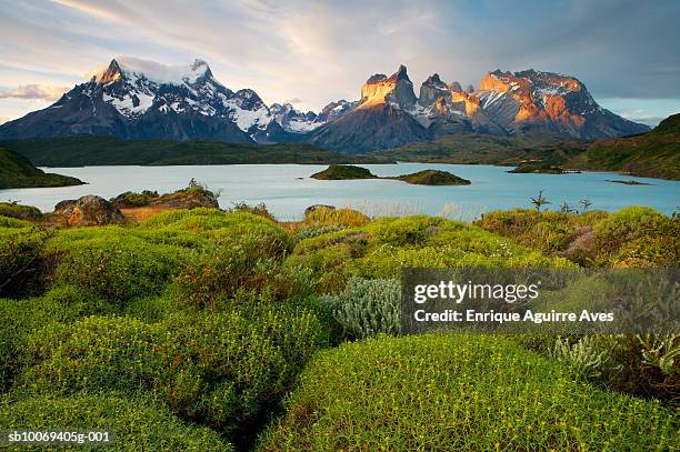 chile, torres del paine national park, mountain peak and lake at sunset - parque nacional de torres del paine fotografías e imágenes de stock