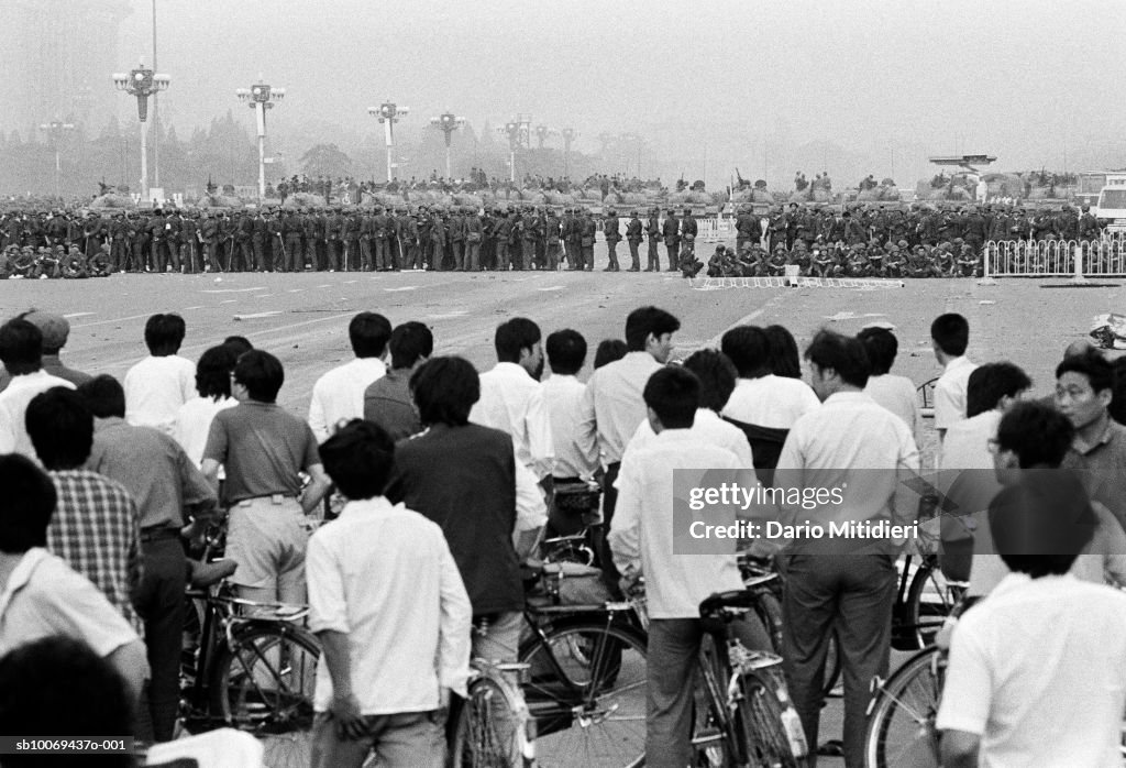 Protestors watching army soldiers at Tiananmen Square (B&W)