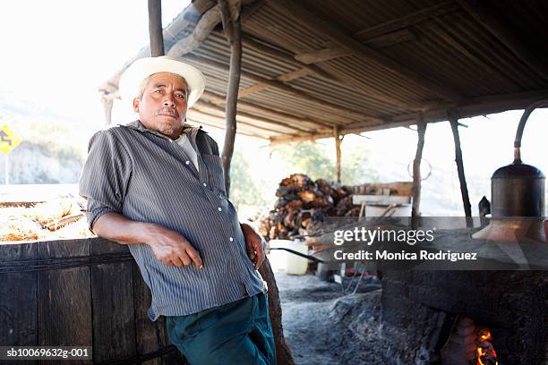 mexico, oaxaca, man standing by distilling equipment under roof, portrait - tequila fotografías e imágenes de stock