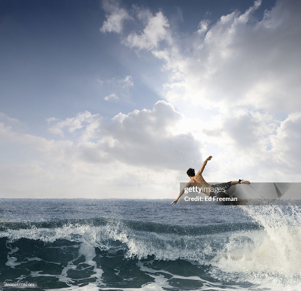 Surfer falling off surfboard into breaking wave, rear view