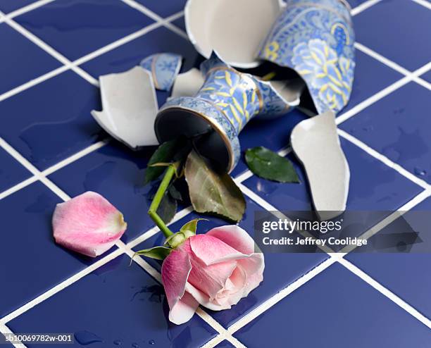 broken vase with rose on floor - broken vase stock pictures, royalty-free photos & images
