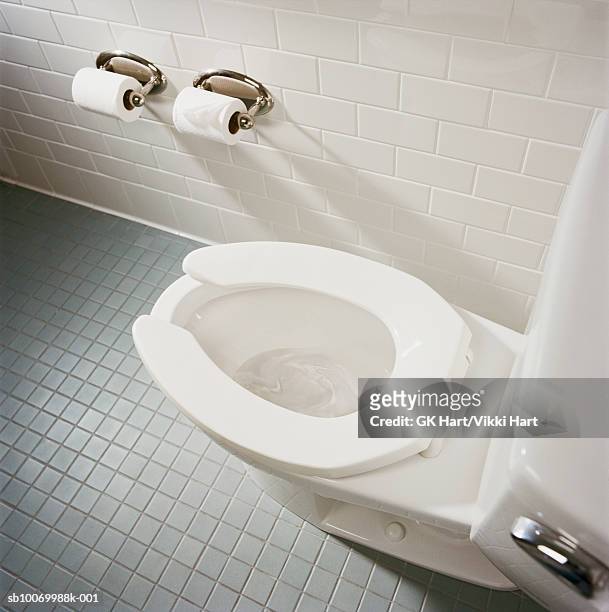 toilet in bathroom, high angle view - toilet bowl bathroom stock pictures, royalty-free photos & images