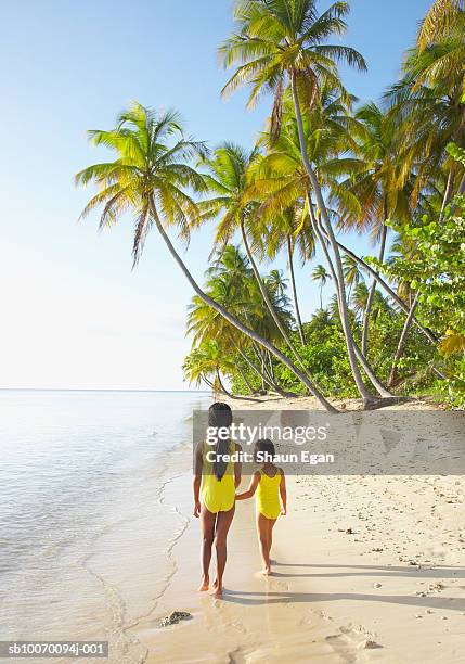 girls (4-7) walking down tropical beach, rear view - tobago imagens e fotografias de stock