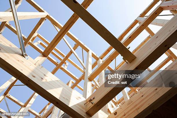 house under construction, view from below - wood structure stock pictures, royalty-free photos & images