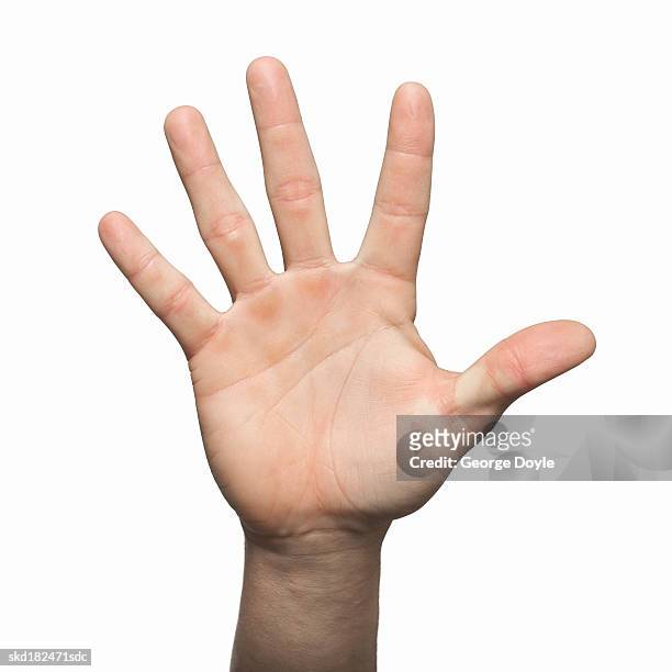 Closeup Of Mans Hand Holding Five Fingers Up High-Res Stock Photo