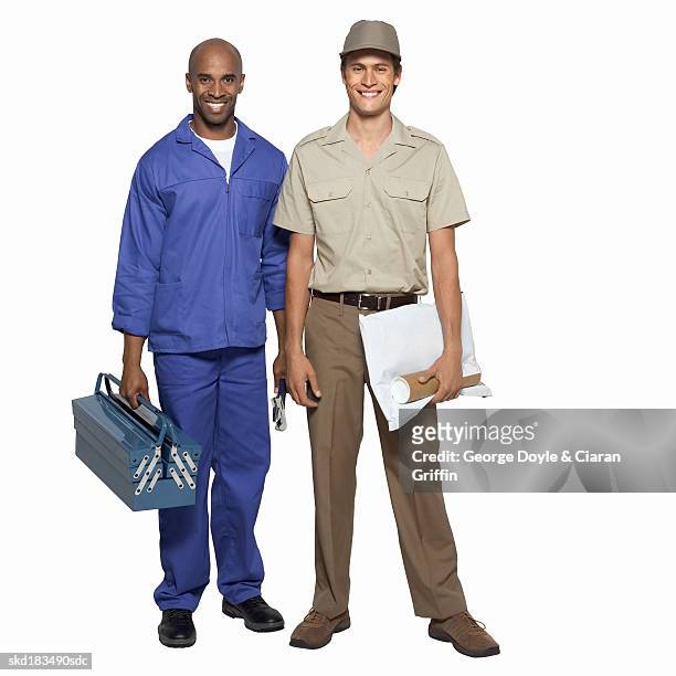 portrait of a delivery man and mechanic - delivery person on white stock pictures, royalty-free photos & images