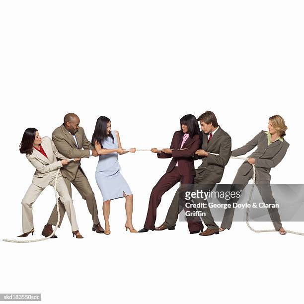 side view of a group of business executives playing tug of war - george nader stockfoto's en -beelden