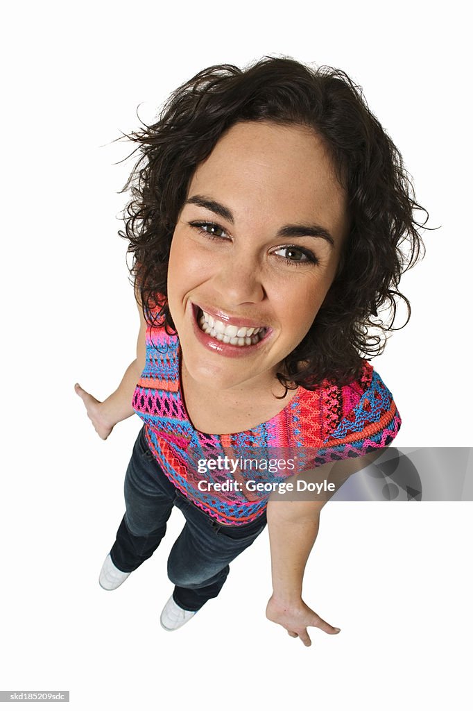 Elevated view of a woman overjoyed